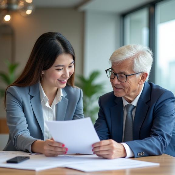 Konsultan Silver Bloom Solutions sedang berbincang dengan klien senior dalam suasana yang mesra.